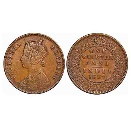Victoria Empress, Copper, Quarter Anna, 1887, Calcutta Mint, B/II, 'C' incused. F. Prid 62