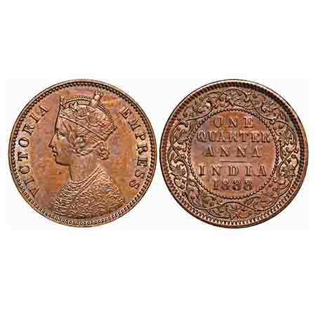 Victoria Empress, Copper, Quarter Anna, 1888, Calcutta Mint, B/II, No mint mark. F. Prid 6
