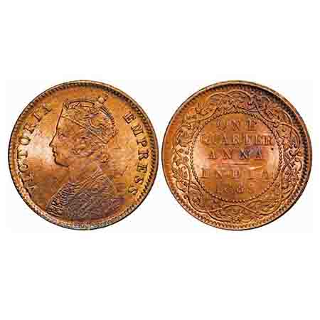 Victoria Empress, Copper, Quarter Anna, 1889, Calcutta Mint, B/II, No mint mark, Die crack