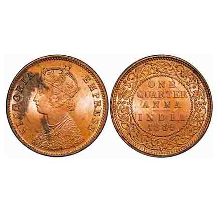 Victoria Empress, Copper, Quarter Anna, 1889, Calcutta Mint, B/II, No mint mark, Ghost on 