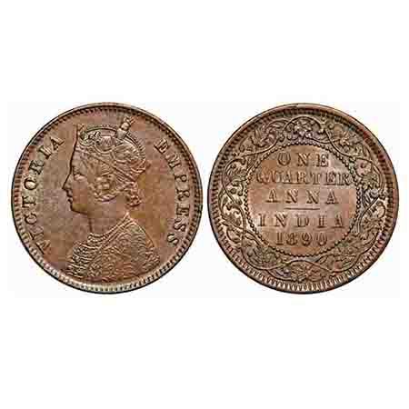 Victoria Empress, Copper, Quarter Anna, 1890, Calcutta Mint, B/II, No mint mark. F. Prid 6