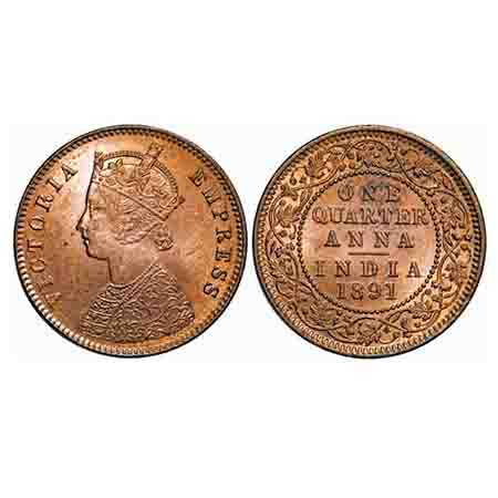 Victoria Empress, Copper, Quarter Anna, 1891, Calcutta Mint, B/II, No mint mark. F. Prid 6