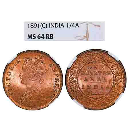 Victoria Empress, Copper, Quarter Anna, 1891, Calcutta Mint, B/II, No mint mark. F. Prid 6