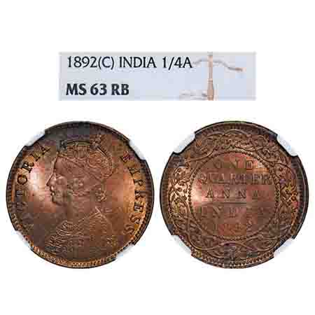 Victoria Empress, Copper, Quarter Anna, 1892, Calcutta Mint, B/II, No mint mark. F. Prid 6