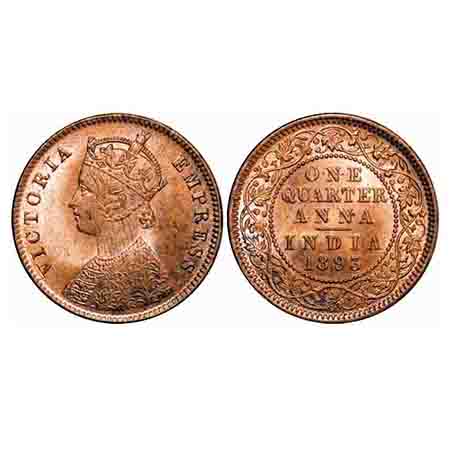 Victoria Empress, Copper, Quarter Anna, 1893, Calcutta Mint, B/II, No mint mark. F. Prid 6
