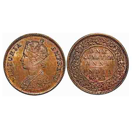 Victoria Empress, Copper, Quarter Anna, 1894, Calcutta Mint, B/II, No mint mark. F. Prid 6