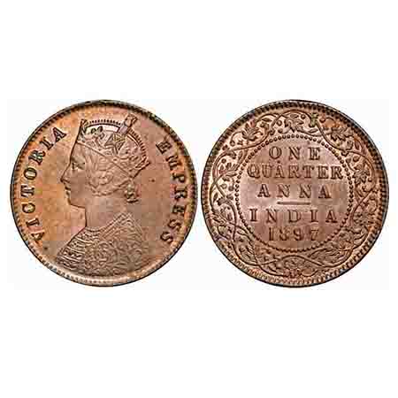 Victoria Empress, Copper, Quarter Anna, 1897, Calcutta Mint, B/II, No mint mark, Die crack