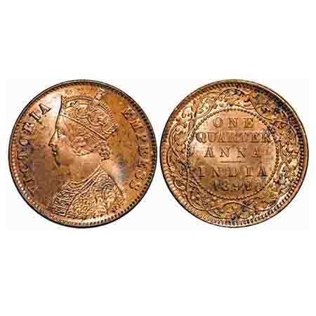 Victoria Empress, Copper, Quarter Anna, 1899, Calcutta Mint, B/II, No mint mark. F. Prid 6