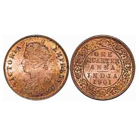 Victoria Empress, Copper, Quarter Anna, 1901, Calcutta Mint, B/II, No mint mark. F. Prid 6