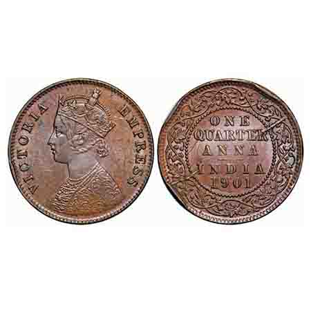 Victoria Empress, Copper, Quarter Anna, 1901, Calcutta Mint, B/II, Noa mint mark, Multiple
