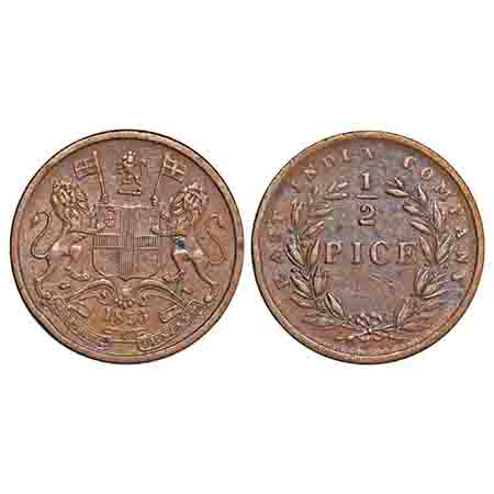 Victoria Queen, Copper, 1/2 Pice, 1853, Calcutta Mint, B/I, elongated beads above year num