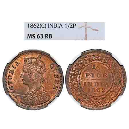 Victoria Queen, Copper, 1/2 Pice, 1862, Calcutta Mint, A/I. F. Prid 710. GK 401. NGC Slabb