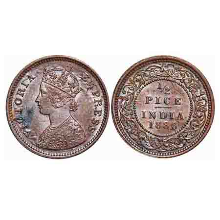 Victoria Empress, Copper, 1/2 Pice, 1886, Calcutta Mint, A/I, No mint mark, Ghost on Obv a