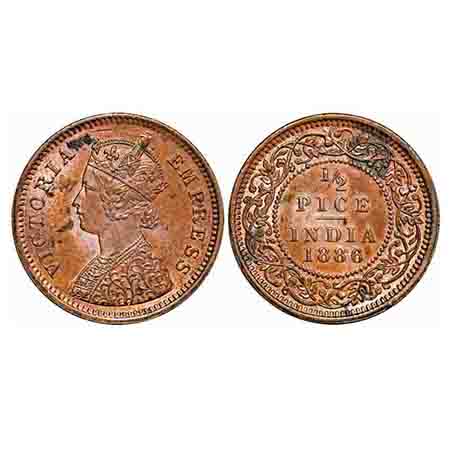 Victoria Empress, Copper, 1/2 Pice, 1886, Calcutta Mint, A/I, No mint mark. F. Prid 718. G