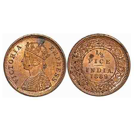 Victoria Empress, Copper, 1/2 Pice, 1889, Calcutta Mint, A/I, No mint mark, Die cracks on 