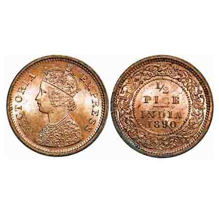 Victoria Empress, Copper, 1/2 Pice, 1890, Calcutta Mint, A/I, No mint mark. F. Prid 722. G