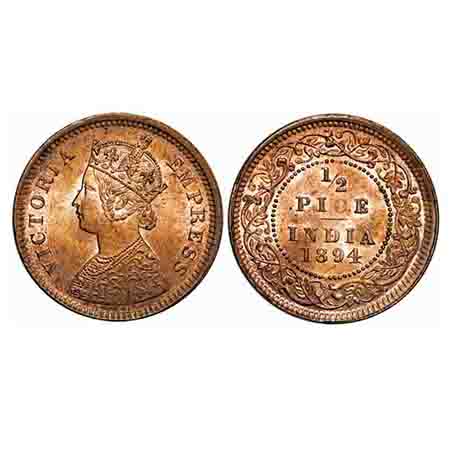Victoria Empress, Copper, 1/2 Pice, 1894, Calcutta Mint, A/I, No mint mark, Die crack on R