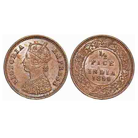 Victoria Empress, Copper, 1/2 Pice, 1899, Calcutta Mint, A/I, No mint mark, Ghost on Rev. 