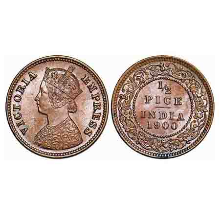Victoria Empress, Copper, 1/2 Pice, 1900, Calcutta Mint, A/I, No mint mark, Die crack on O