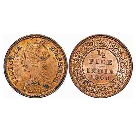 Victoria Empress, Copper, 1/2 Pice, 1900, Calcutta Mint, A/I, No mint mark. F. Prid 733. G