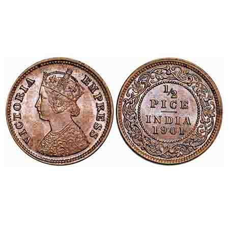 Victoria Empress, Copper, 1/2 Pice, 1901, Calcutta Mint, A/I, No mint mark. F. Prid 734. G