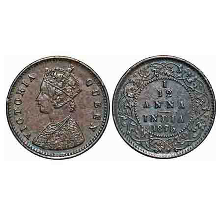 Victoria Queen, Copper, 1/12 Anna, 1875, Calcutta Mint, Obv A, No mint mark. F. Prid 784. 