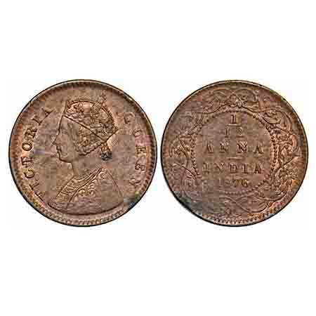 Victoria Queen, Copper, 1/12 Anna, 1876, Calcutta Mint, Obv A, No mint mark. F. Prid 785. 