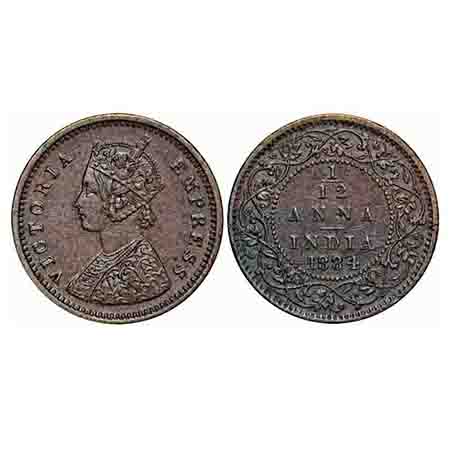 Victoria Empress, Copper, 1/12 Anna, 1884, Bombay Mint, Obv A, No mint mark. F. Prid 812. 