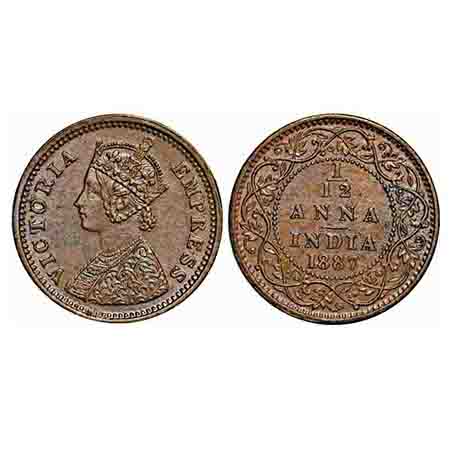 Victoria Empress, Copper, 1/12 Anna, 1887, Bombay Mint, Obv A, No mint mark. F. Prid 814. 