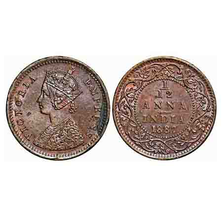 Victoria Empress, Copper, 1/12 Anna, 1887, Bombay Mint, Obv A, No mint mark. F. Prid 814. 