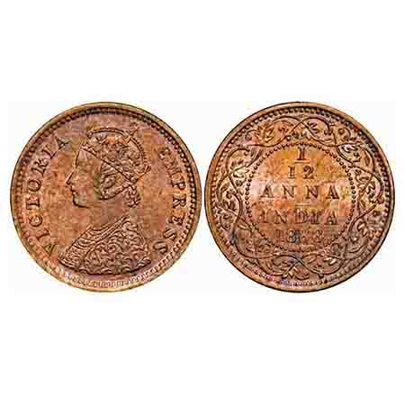 Victoria Empress, Copper, 1/12 Anna, 1888, Bombay Mint, Obv A, No mint mark. F. Prid 815. 