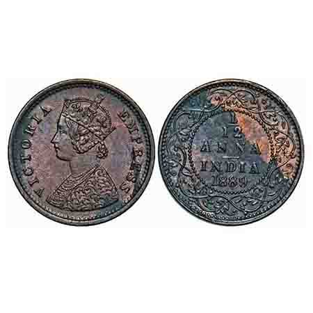 Victoria Empress, Copper, 1/12 Anna, 1889, Calcutta Mint, Obv B, No mint mark. F. Prid 794