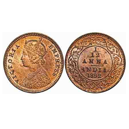 Victoria Empress, Copper, 1/12 Anna, 1892, Calcutta Mint, Obv B, No mint mark. F. Prid 797
