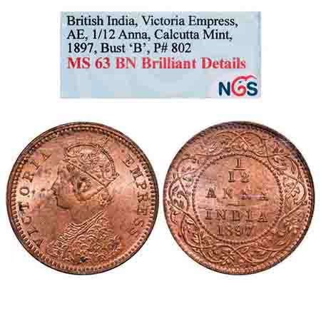 Victoria Empress, Copper, 1/12 Anna, 1897, Calcutta Mint, Obv B, No mint mark. F. Prid 802