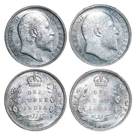 Edward VII, Silver, Rupee, (2 coins) 1903, 1) Calcutta Mint, No mint mark, Normal 5 Diamon