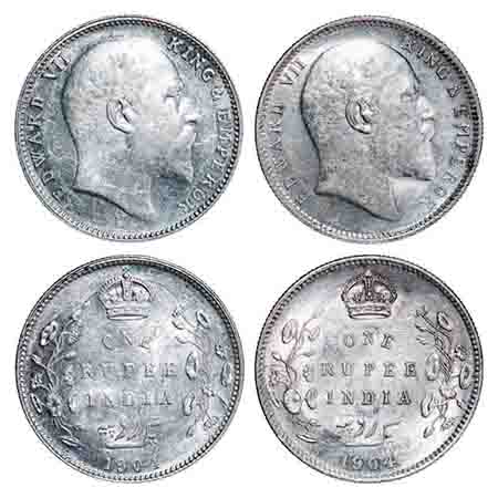 Edward VII, Silver, Rupee, (2 coins) 1904, 1) Calcutta Mint, No mint mark, Normal 5 Diamon