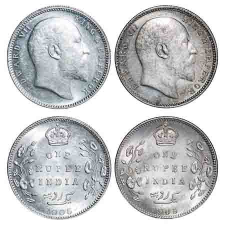 Edward VII, Silver, Rupee, (2 coins) 1905, 1) Calcutta Mint, No mint mark, 2) Bombay Mint,