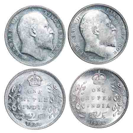 Edward VII, Silver, Rupee, (2 coins) 1906, 1) Calcutta Mint, No mint mark, 2) Bombay Mint,
