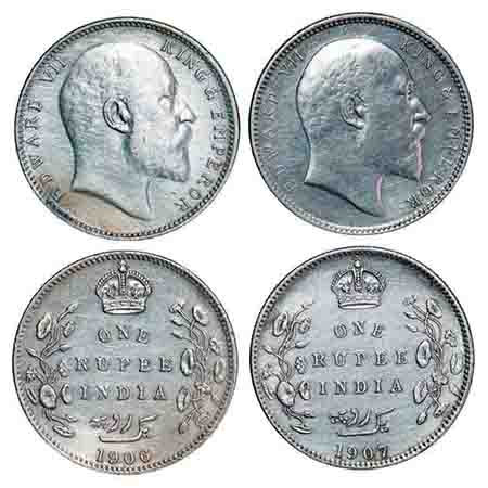 Edward VII, Silver, Rupee, (2 coins), 1) 1906, Bombay Mint, 'B' incused and dot, 2) 1907, 