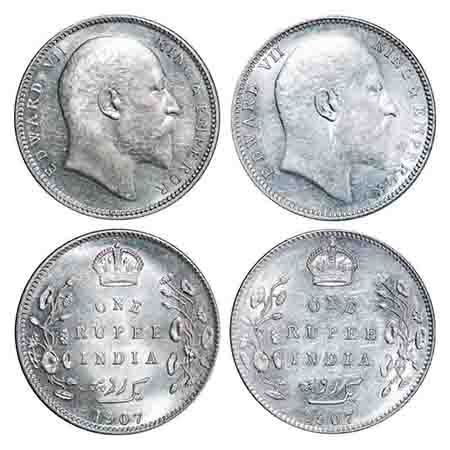 Edward VII, Silver, Rupee, (2 coins) 1907, 1) Calcutta Mint, No mint mark, 2) Bombay Mint,