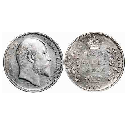 Edward VII, Silver, Rupee, 1908, Calcutta Mint, No mint mark. F. Prid 194. GK 946. About U