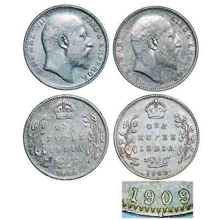 Edward VII, Silver, Rupee, (2 coins), 1) 1908, Bombay Mint, 'B' incused and dot, 2) 1909, 