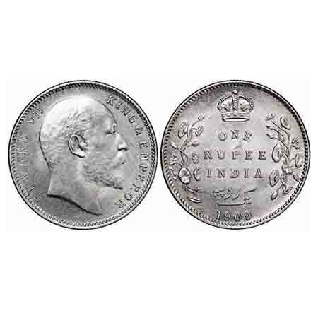 Edward VII, Silver, Rupee, 1909, Calcutta Mint, No mint mark. F. Prid 195. GK 950. Almost 