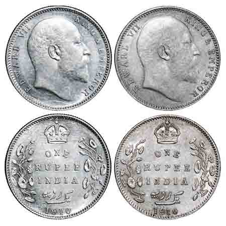 Edward VII, Silver, Rupee, 1910, (2 coins), 1) Calcutta Mint, No mint mark, 2) Bombay Mint