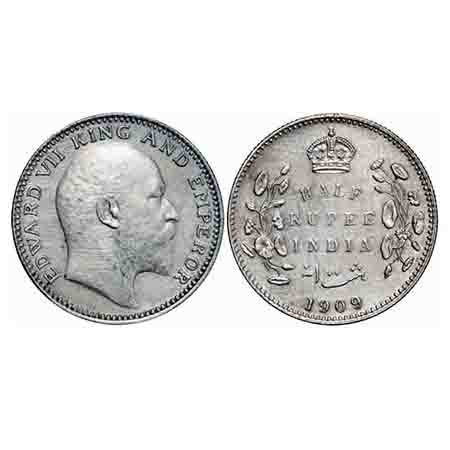 Edward VII, Silver, Half Rupee, 1909, Calcutta Mint, No mint mark. F. Prid 313. GK 969. Ex