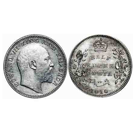 Edward VII, Silver, Half Rupee, 1910, Calcutta Mint, No mint mark. F. Prid 314. GK 971. Al