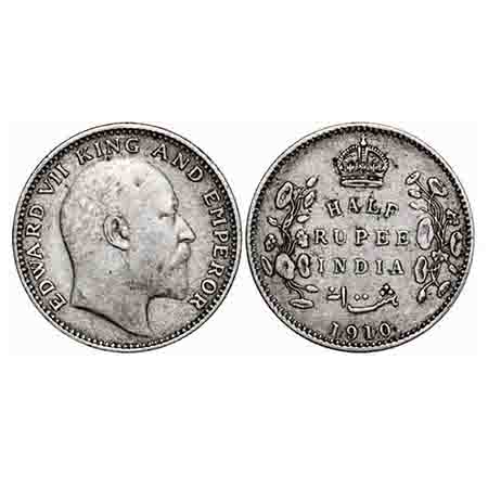 Edward VII, Silver, Half Rupee, 1910, Calcutta Mint, No mint mark. F. Prid 314. GK 971. Ex