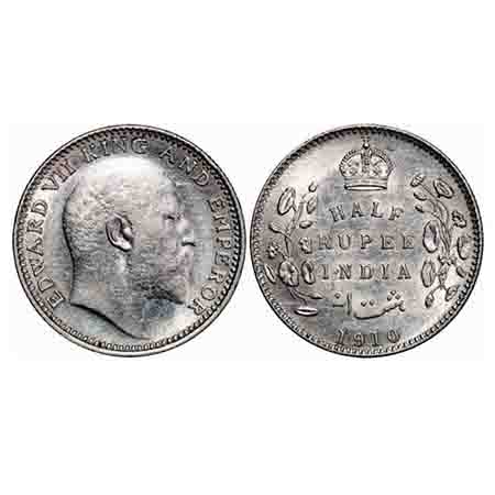 Edward VII, Silver, Half Rupee, 1910, Calcutta Mint, No mint mark. F. Prid 314. GK 971. Ab