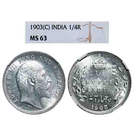Edward VII, Silver, 1/4 Rupee, 1903, Calcutta Mint, No mint mark. F. Prid 432. GK 972. NGC