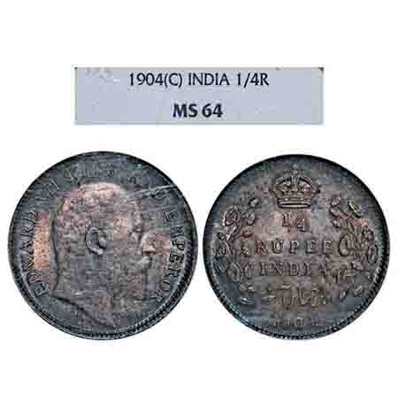 Edward VII, Silver, 1/4 Rupee, 1904, Calcutta Mint, No mint mark. F. Prid 433. GK 973. NGC